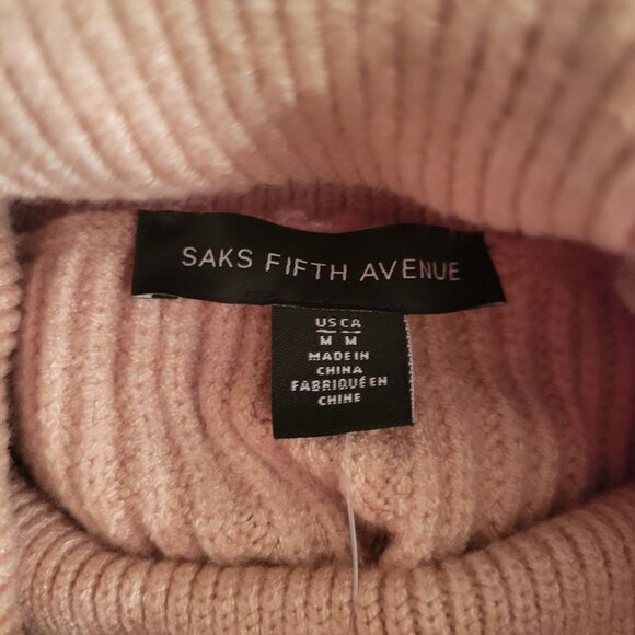 Saks Fifth Avenue Ribbed Turtleneck Sweater Faux Fur Cuffs M Slouchy Shoulders - Picture 3 of 7